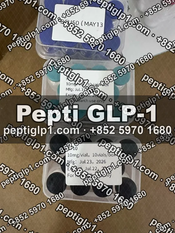 Pepti shipment photo, batch 1: lyophilized vial kits packed for courier collection, recipient details blurred