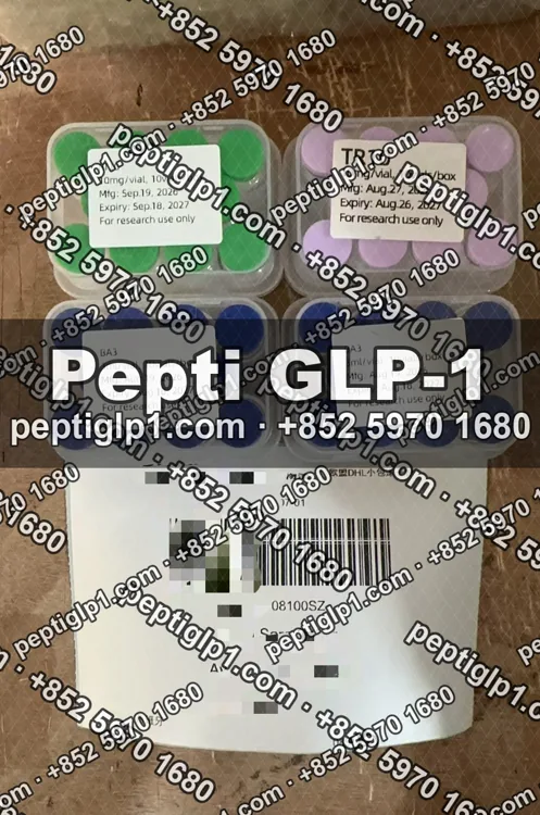 Pepti shipment photo, batch 1: lyophilized vial kits packed for courier collection, recipient details blurred