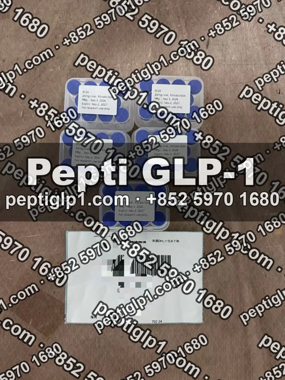 Pepti shipment photo, batch 3: lyophilized vial kits packed for courier collection, recipient details blurred