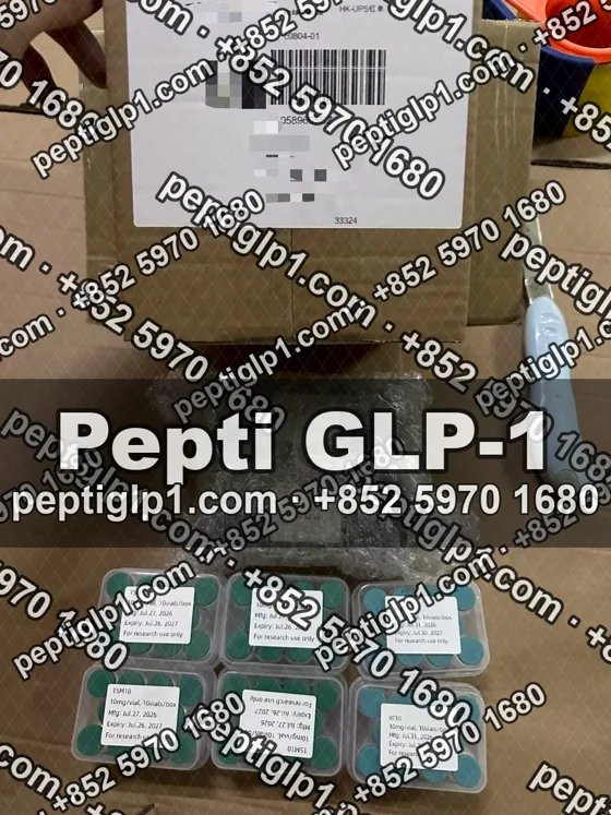 Pepti shipment photo, batch 6: lyophilized vial kits packed for courier collection, recipient details blurred