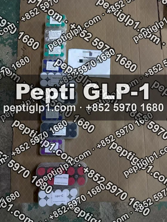 Pepti shipment photo, batch 7: lyophilized vial kits packed for courier collection, recipient details blurred