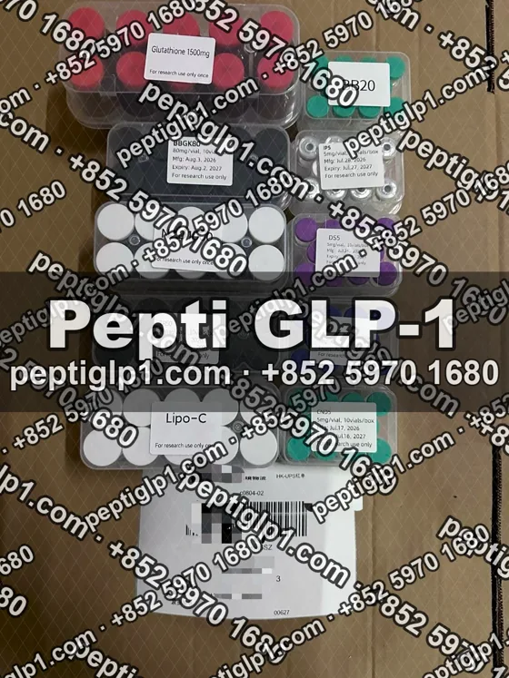 Pepti shipment photo, batch 7: lyophilized vial kits packed for courier collection, recipient details blurred