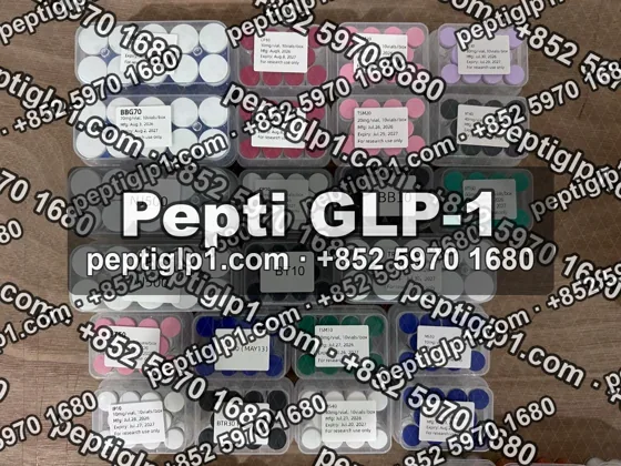 Pepti shipment photo, batch 8: lyophilized vial kits packed for courier collection, recipient details blurred